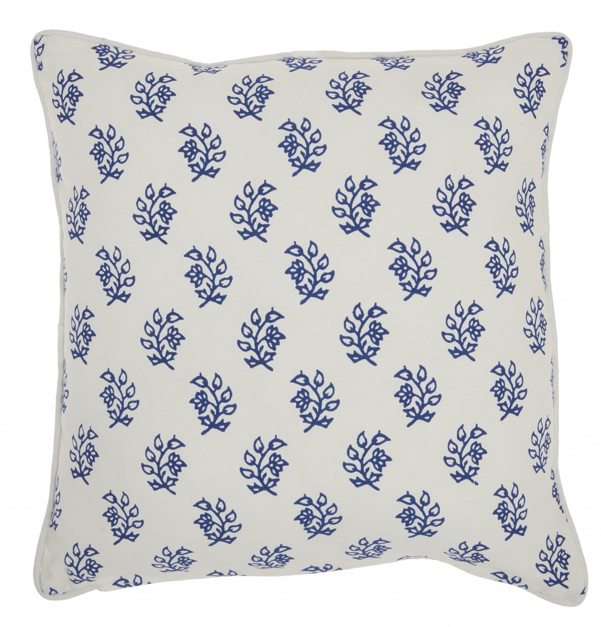HomeRoots 100% Cotton Duck Blue and Ivory Bohemian Floral Throw Pillow