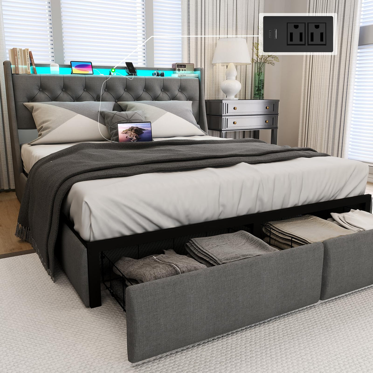 Full Size Bed Frame With Charging Station And Led Lights Headboard, Upholstered Full Bed Frame With 2 Storage Drawers, No Box Sp
