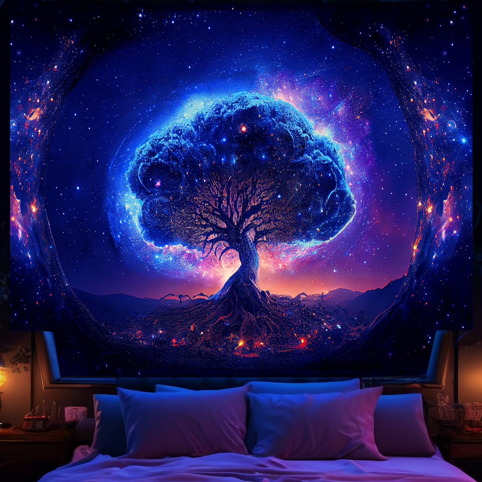 Avinyl Blacklight Tree And Space Tapestry For Bedroom, Aesthetic Cool Black Light Tree Of Life Tapestries For Girl, Fantasy Star