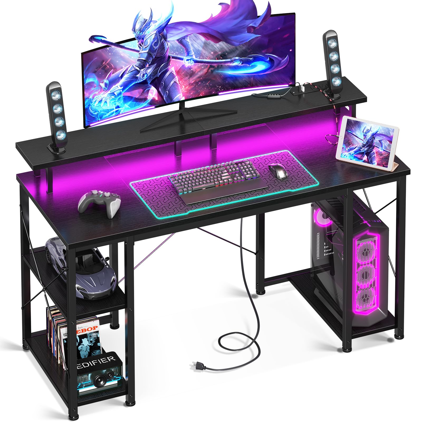 Odk 48 Inch Gaming Desk With Led Lights & Power Outlets, Computer Desk With Monitor Stand & Storage Sheves, Cpu Stand, Home Office Desk, Black