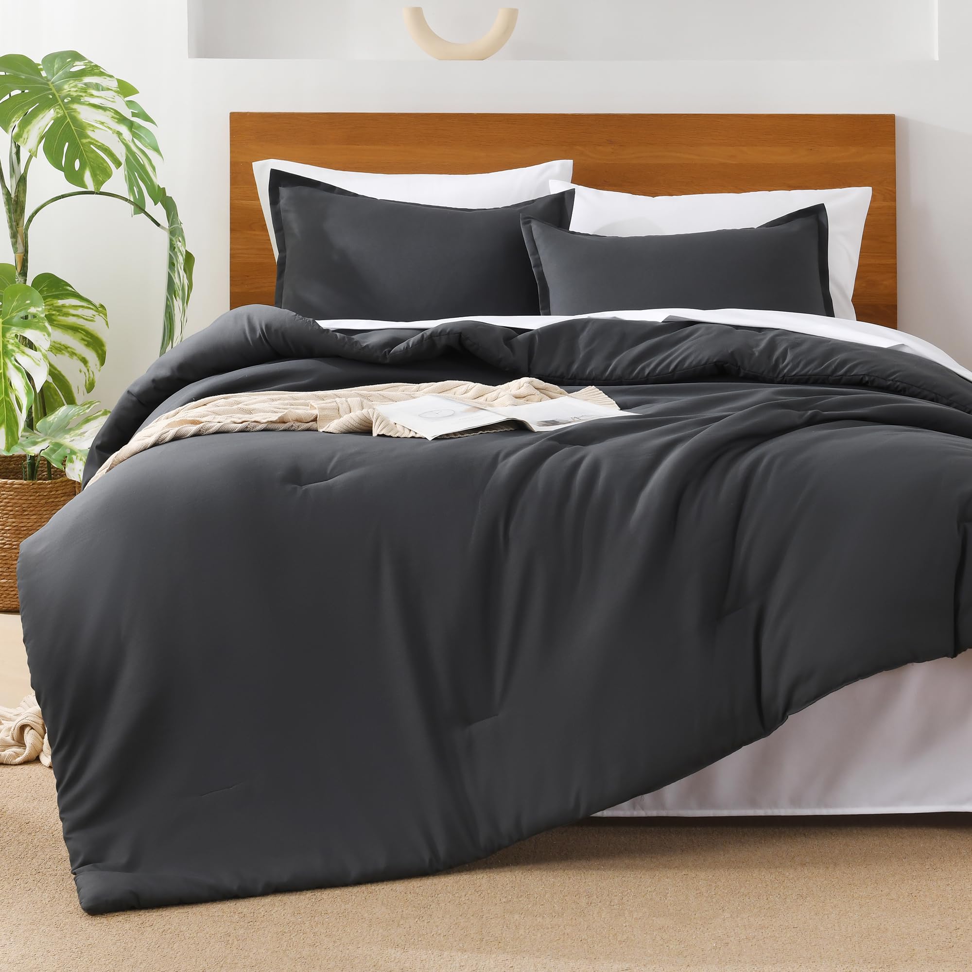 Andency Dark Grey Comforter For Queen Size Bed - 7 Pieces Gray Bed In A Bag Queen Bedding Comforter Sets, Summer Plain Soft Lightweight Comforter With Fitted Sheets, Flat Sheets, Pillowcases & Shams