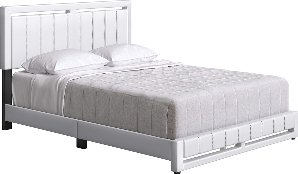 Boyd Sleep Beaumont Upholstered Platform Bed with Headboard, Mattress Foundation with Strong 14 Wood Slat Supports, No Box Spring Required, White Faux Leather, Size Queen