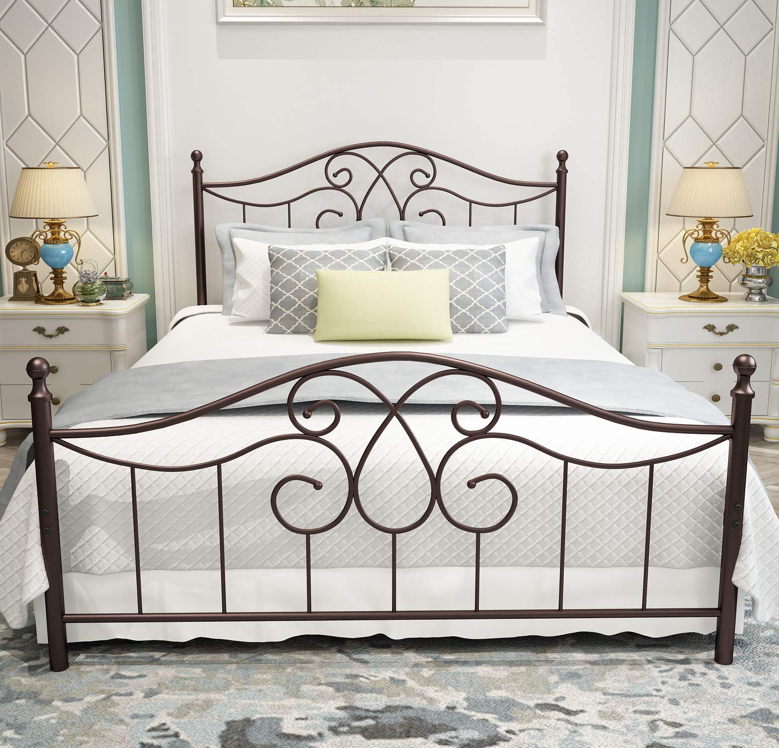 Yerperfo Vintage Sturdy Metal Bed Frame Queen Size With Vintage Headboard And Footboard Platform Base Bed Frame No Box Spring Ne