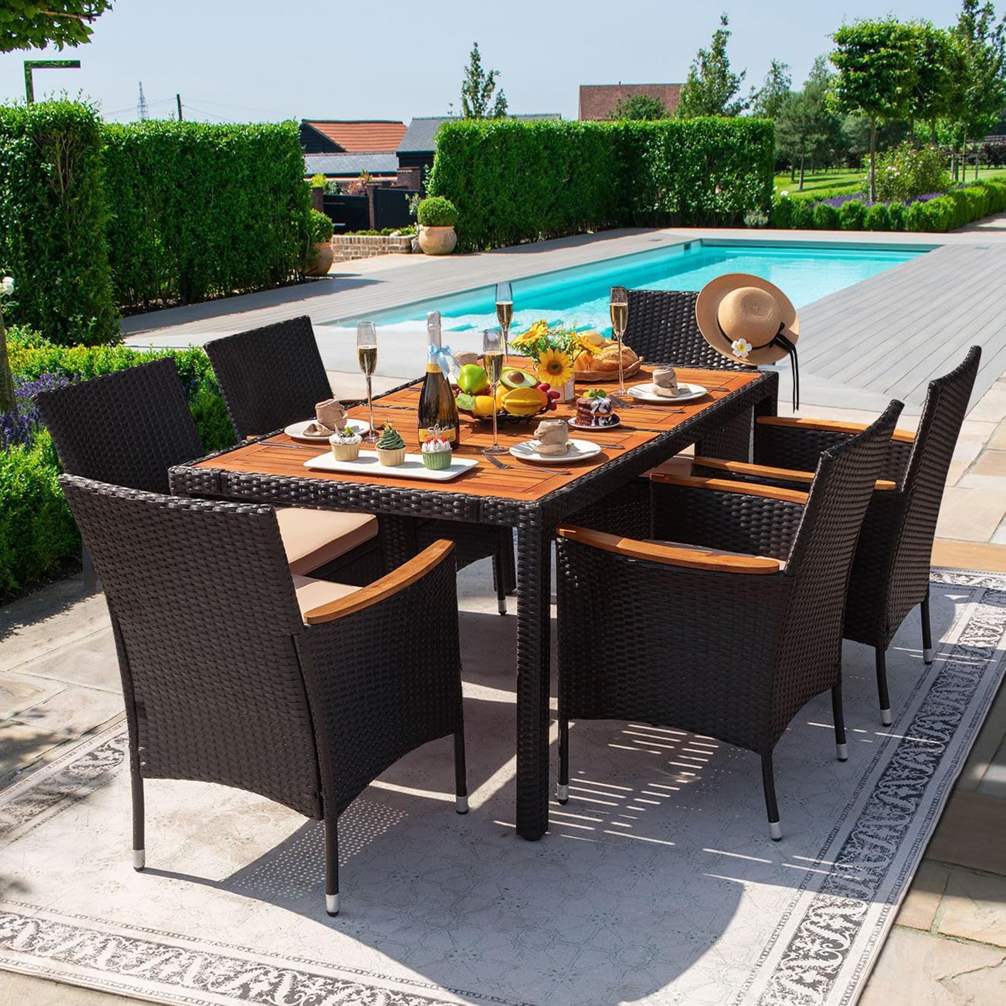 Devoko Dining 7 Pcs Furniture, Patio Conversation Set With Acacia Wood Table Top, Rattan Outdoor, Black