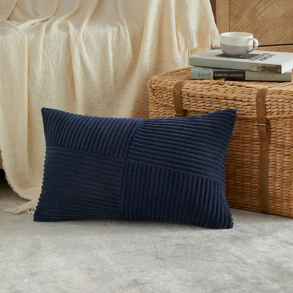 Fancy Homi Set Of 2 Navy Blue Boho Lumbar Rectangle Decorative Throw Pillow Covers 12X20 Inch With Diagonally Pattern For Couch