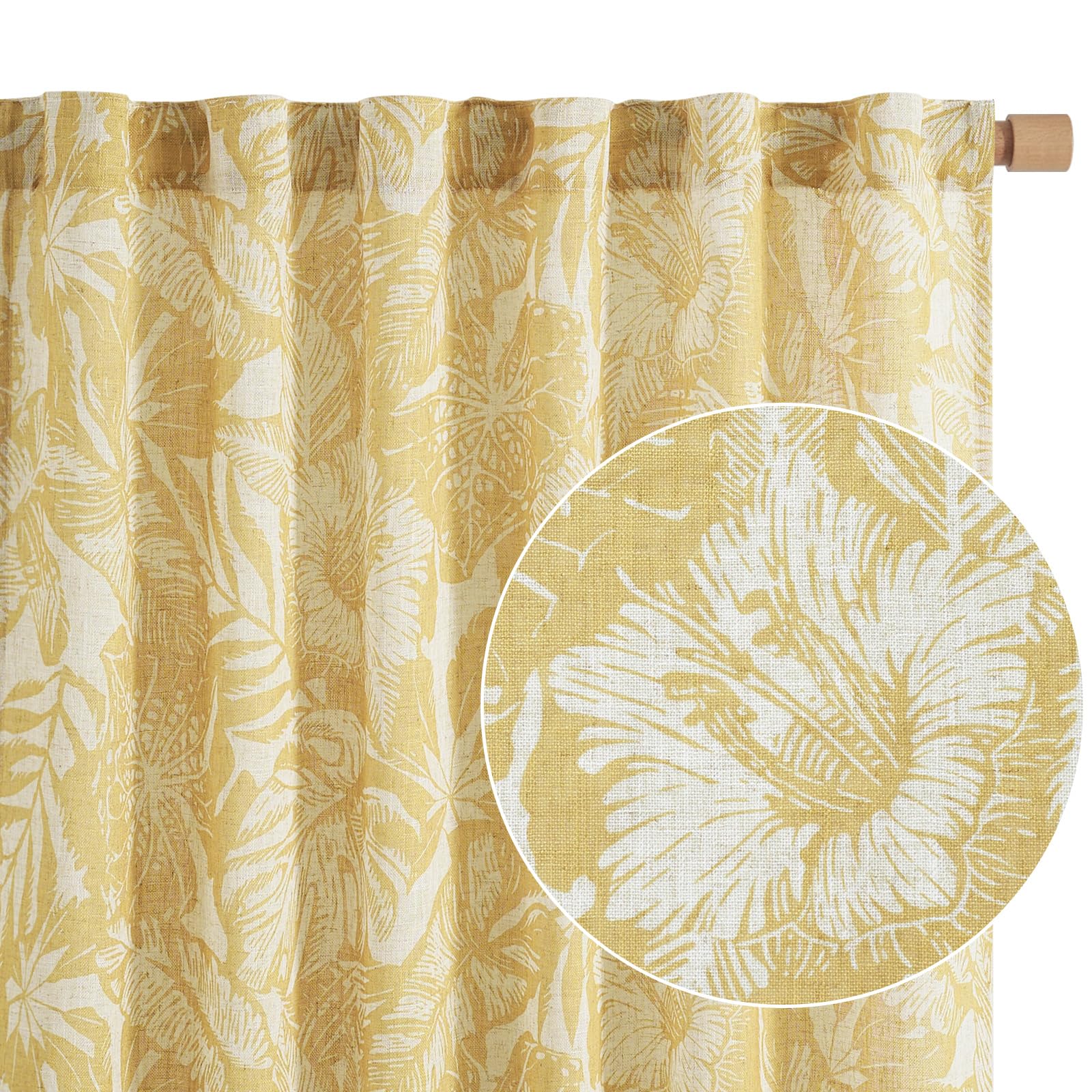 Jinchan Thick Linen Curtains 84 Inches Long Leaf Pattern Curtains For Living Room Bedroom Mustard Yellow Floral Curtains William