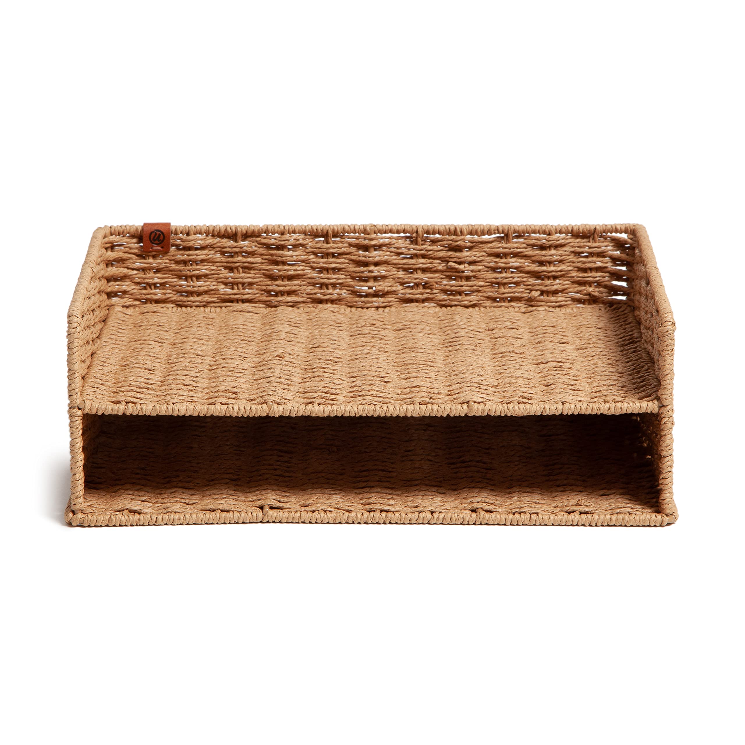 U Brands Woven Two-Tier Paper Tray, Rattan-Inspired Wicker Style Office Organization Supplies, 1 Count