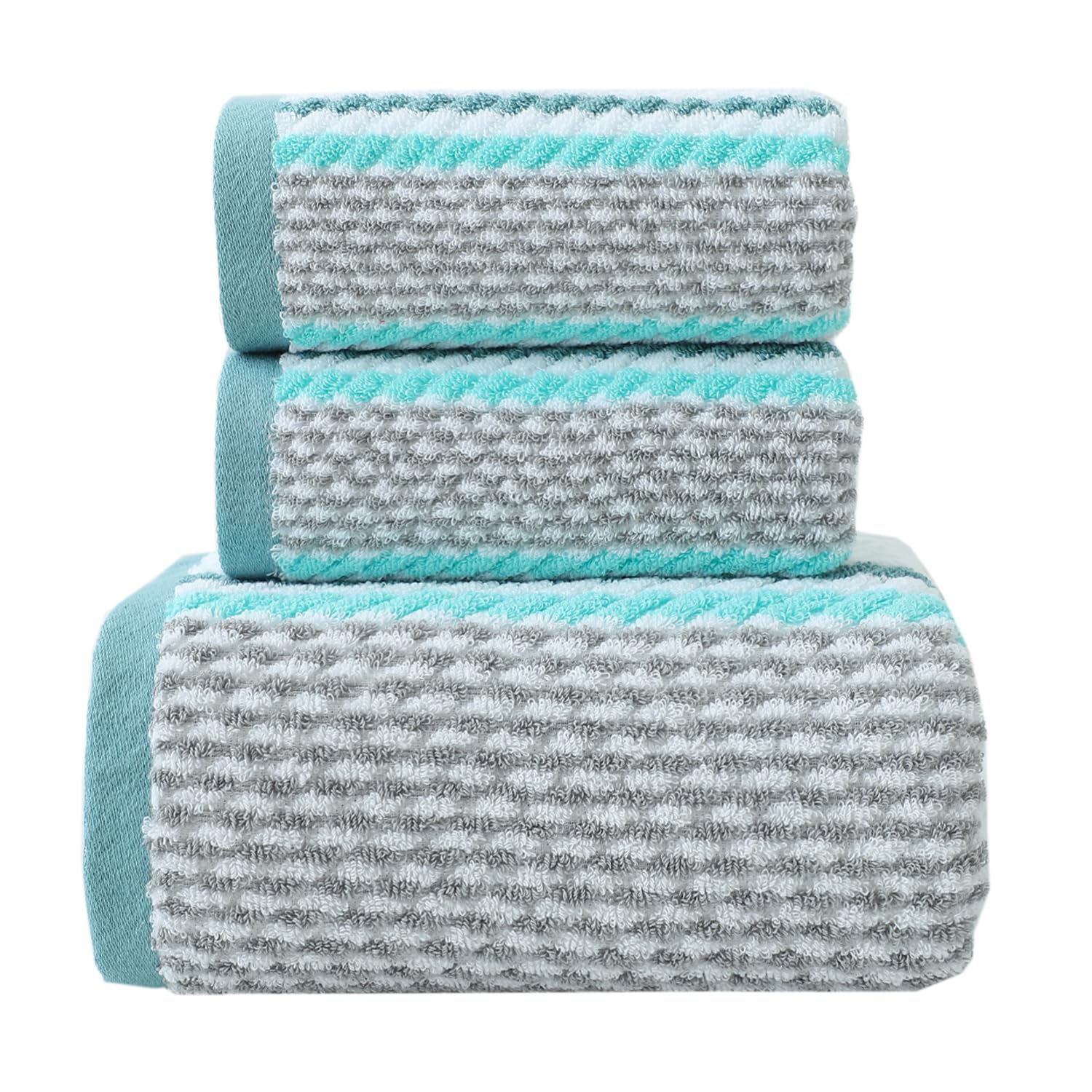 Pidada Bath Hand Towel Set of 3 Striped Pattern 100% Cotton Soft Absorbent Decorative Towels for Bathroom (Green)