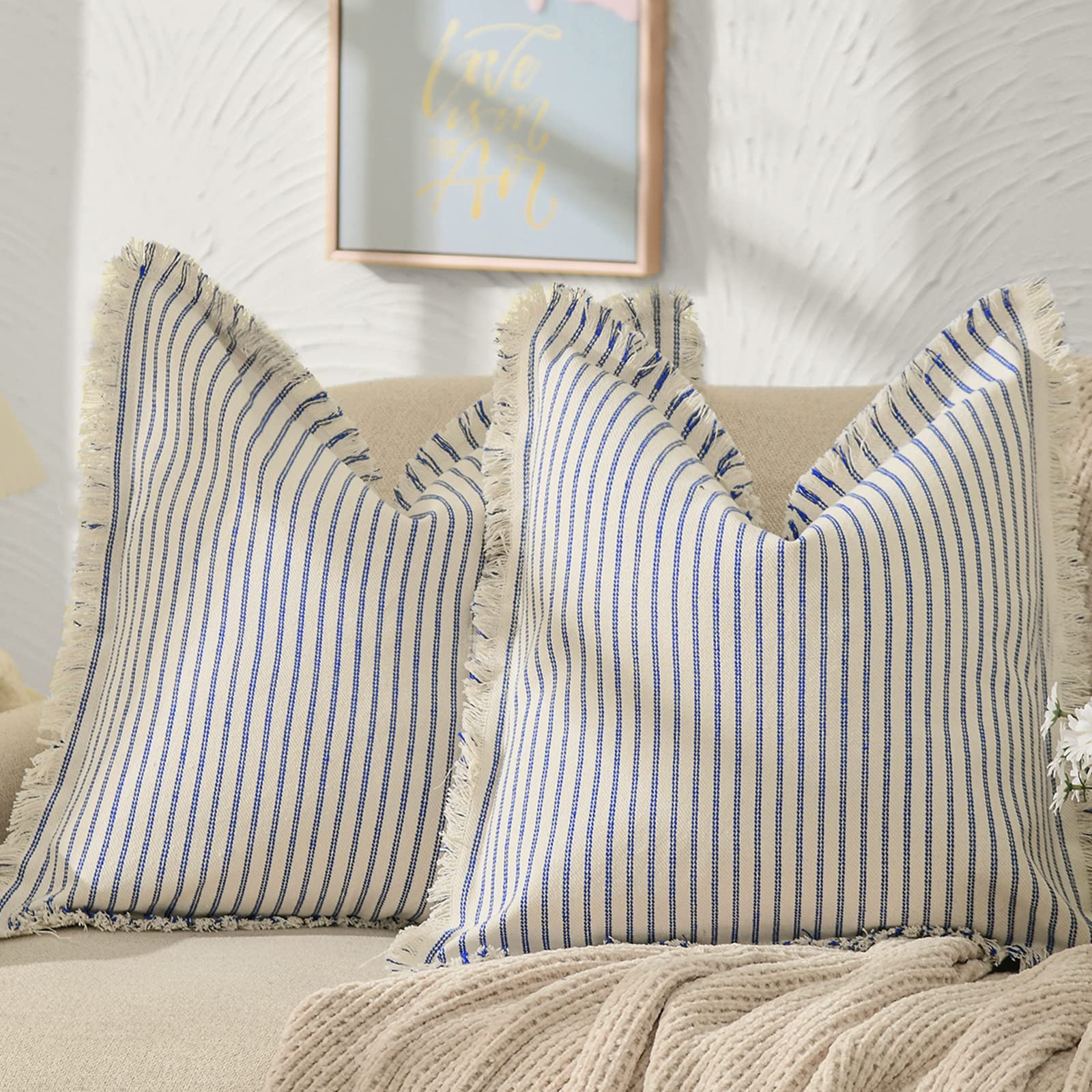 Zwjd Throw Pillow Covers 26X26 Set Of 2 Striped Pillow Covers With Fringe Chic Cotton Decorative Pillows Square Cushion Covers F