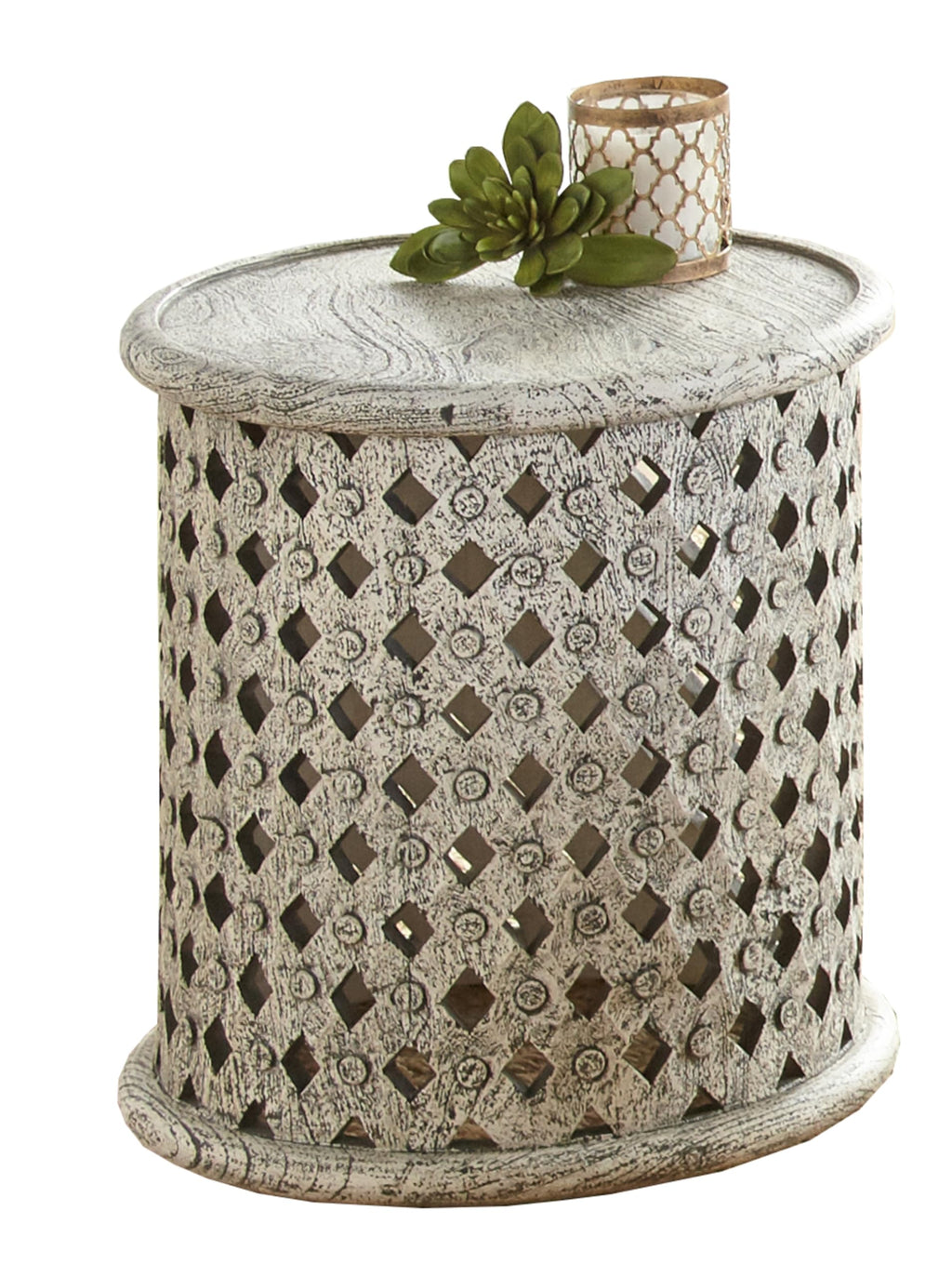 Steve Silver Samir Mango Wood End Hand-Crafted, Aged Alabaster Finish, Transitional Design with Latticework Base Table, 17 x 17 x 17