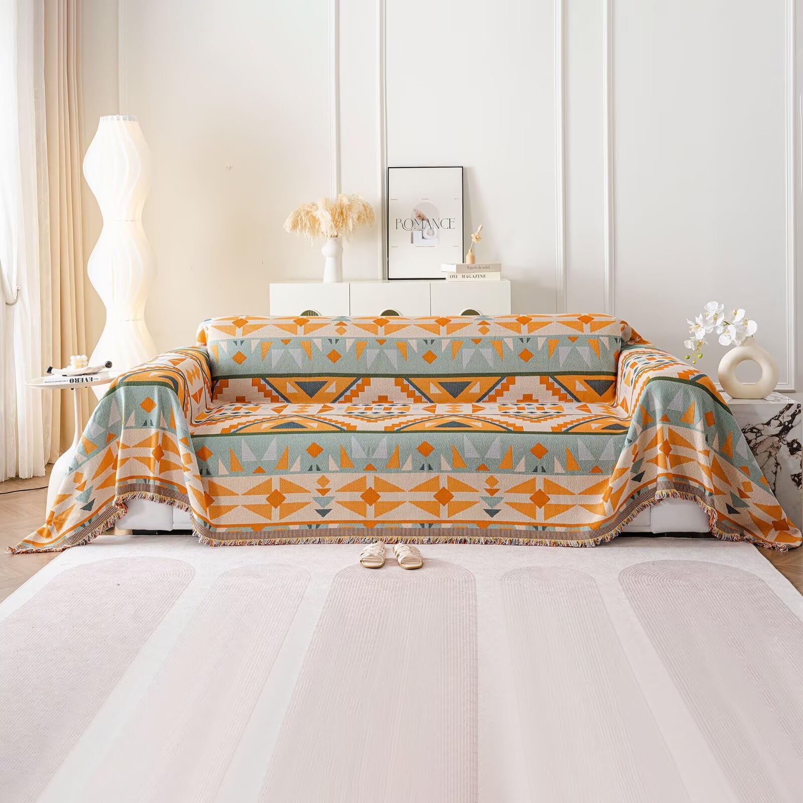 Vclife Boho Geometry Couch Cover For 2-3 Cushion Sofa Anti-Pilling Breathable Cotton Linen Sofa Cover Chic Sage Green Caramel Be