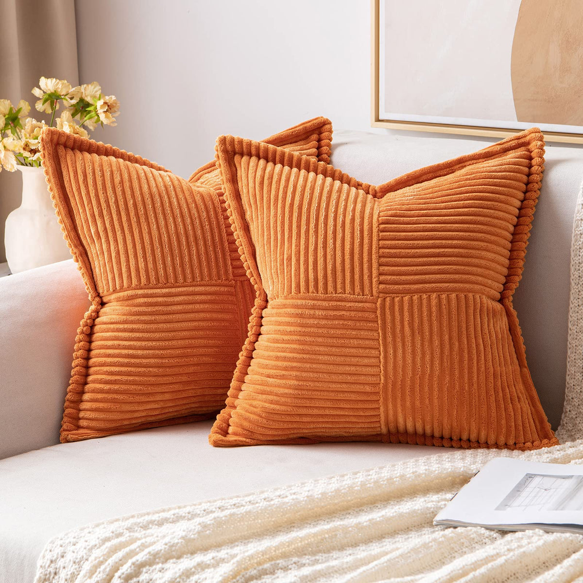 Miulee Orange Pillow Covers 18X18 Inch With Splicing Set Of 2 Super Soft Boho Striped Corduroy Pillow Covers Broadside Decorativ