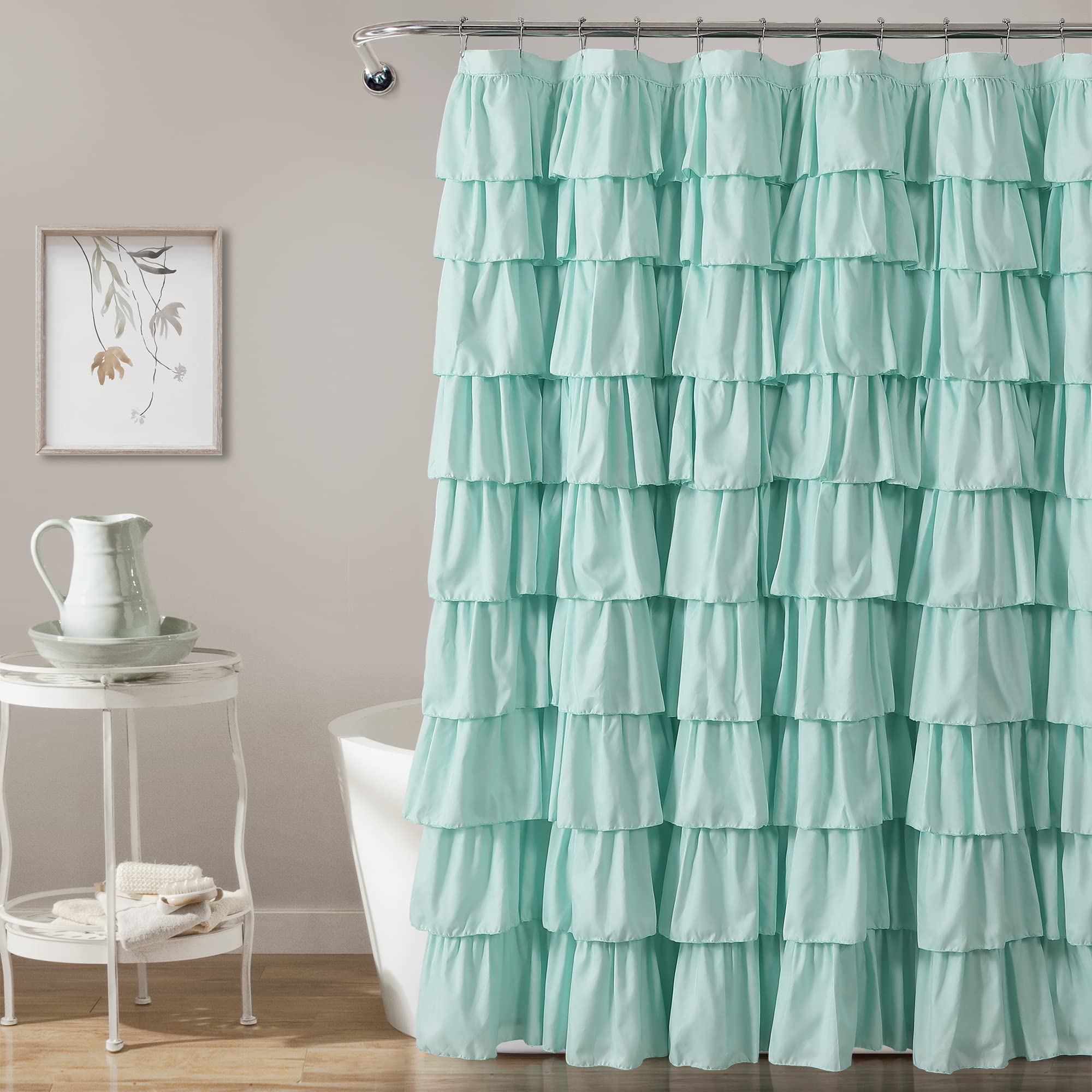 Lush Decor Ruffle Shower Curtain | Floral Textured Vintage Chic Farmhouse Style Design, Light Turquoise, 72' X 72'