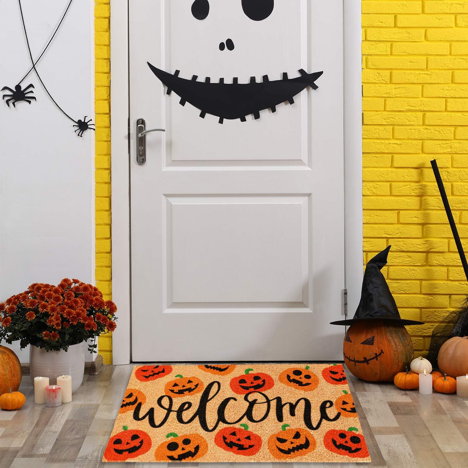 Jarthenaamcs Halloween Natural Coir Doormat Red Orange Evil Pumpkin Welcome Floor Mat Non-Slip Entrance Door Rugs For Indoor Out