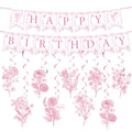 JarThenaAMCS 11Pcs Pink Flower Birthday Banner Chinoiserie Happy Birthday Bunting Garland with Elegant Flower Hanging Swirl for 