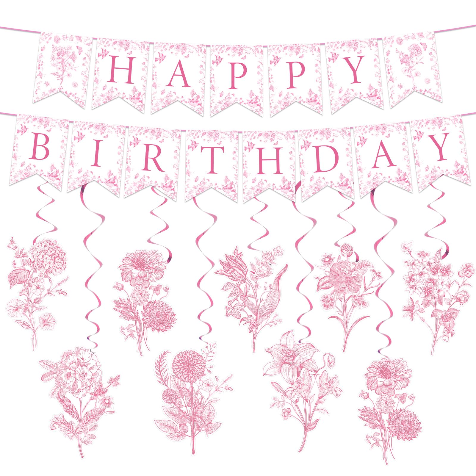JarThenaAMCS 11Pcs Pink Flower Birthday Banner Chinoiserie Happy Birthday Bunting Garland with Elegant Flower Hanging Swirl for 