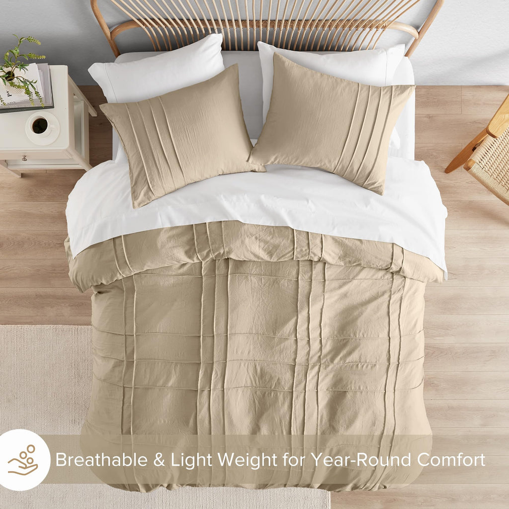Comfort Spaces Khaki Full Size Duvet Cover Set - 3-Pc Pintuck Pleated Duvet Cover Full, All Season Lightweight, Extra Softness Pre-Washed Microfiber Full Bed Cover Shams, Full