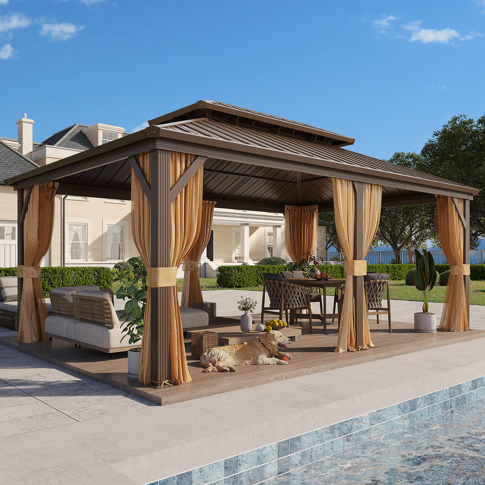Yoleny 12' X 18' Hardtop Gazebo, Metal Gazebo With Aluminum Frame, Double Galvanized Steel Roof, Curtains And Netting Included,