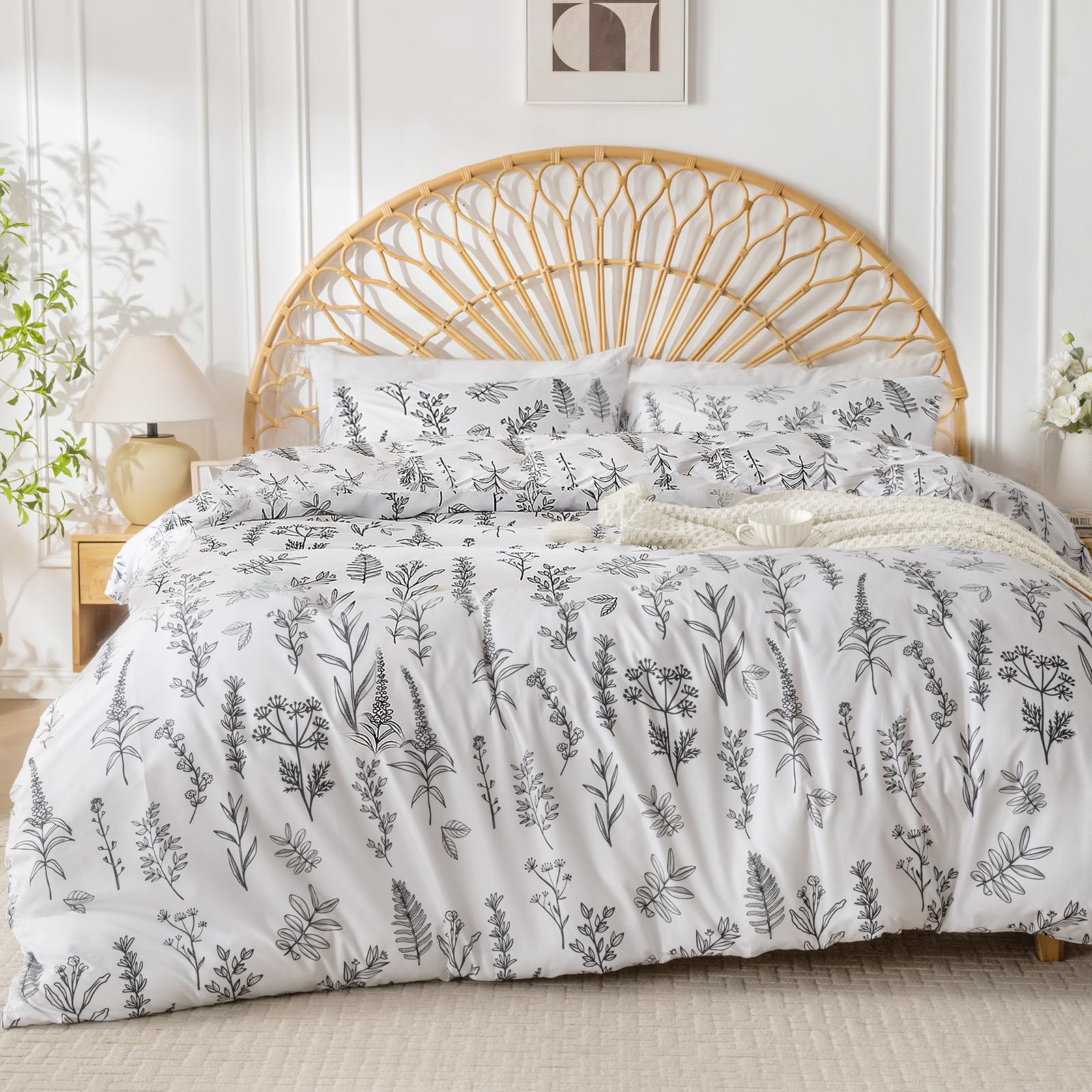 Muxhomo Duvet Cover Queen Size, Reversible Floral White Duvet Cover Set With Zipper Closure, 3 Pieces Botanical Patterns Soft Mi