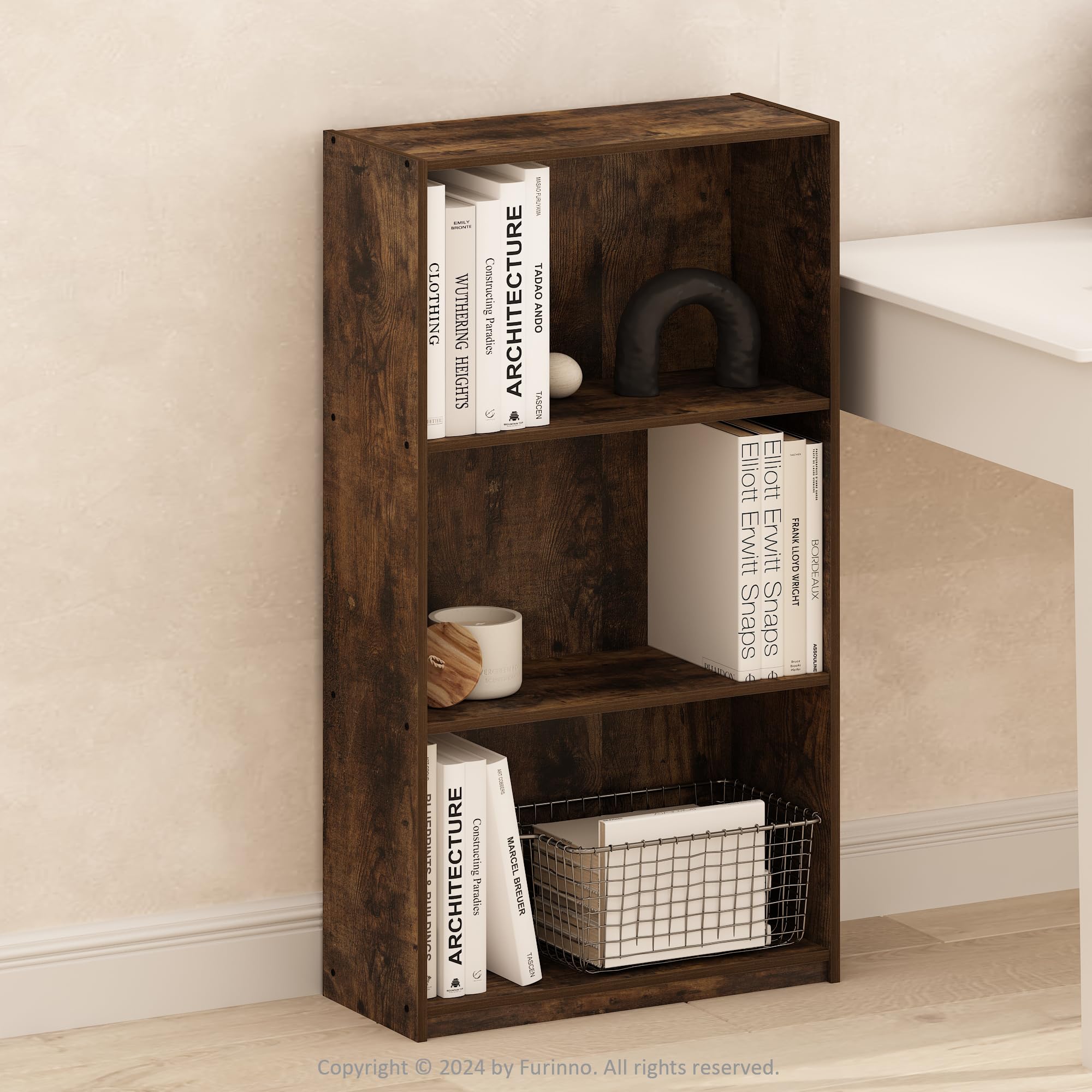 Furinno Basic 3-Tier Bookcase Storage Shelves, Amber Pine