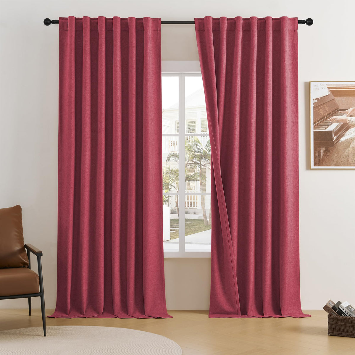 Dualife Extra Long 108 Inch 100% Blackout Curtains For Large Window, Look Faux Linen Textured Back Tab Hook Belt Pleated Tall Dr