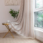 Linen Curtains 96 Inches Long Embroidery Striped Farmhouse Curtains For Living Room Tassel Boho Curtains For Bedroom Light Filte