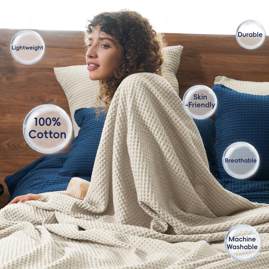 Phf 100% Cotton Waffle Weave Blanket Queen Size 90'X90' - Lightweight Cozy Washed Soft Breathable Throw - Great Layer For Couch Bed Sofa - Elegant Aesthetic Home Decoration Gift-Linen