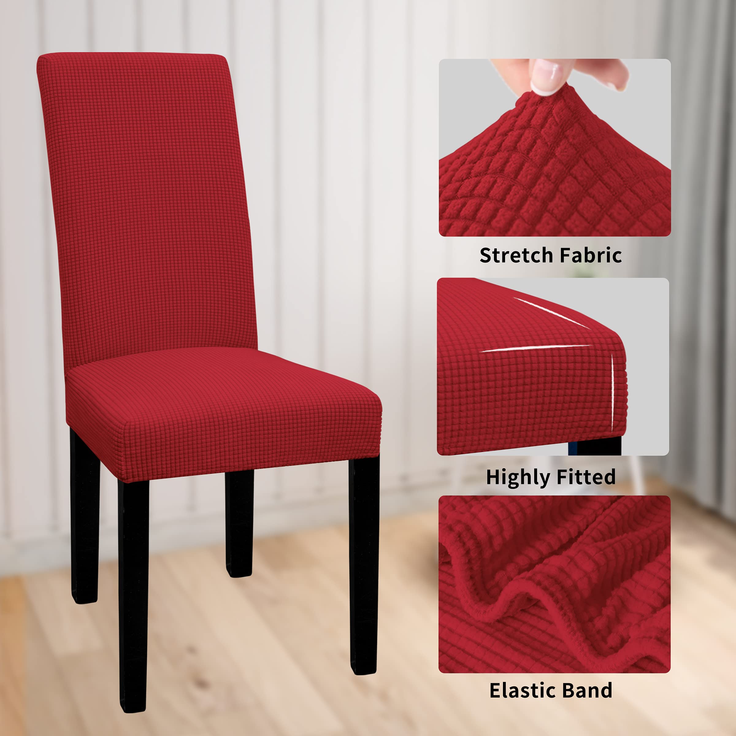 Easy-Going 100% Waterproof Dining Room Chair Cover Set Of 6, Stretch Jacquard Parson Chair Slipcover Removable Washable Chair Protector For Home, Restaurant, Banquet (Large, Red)