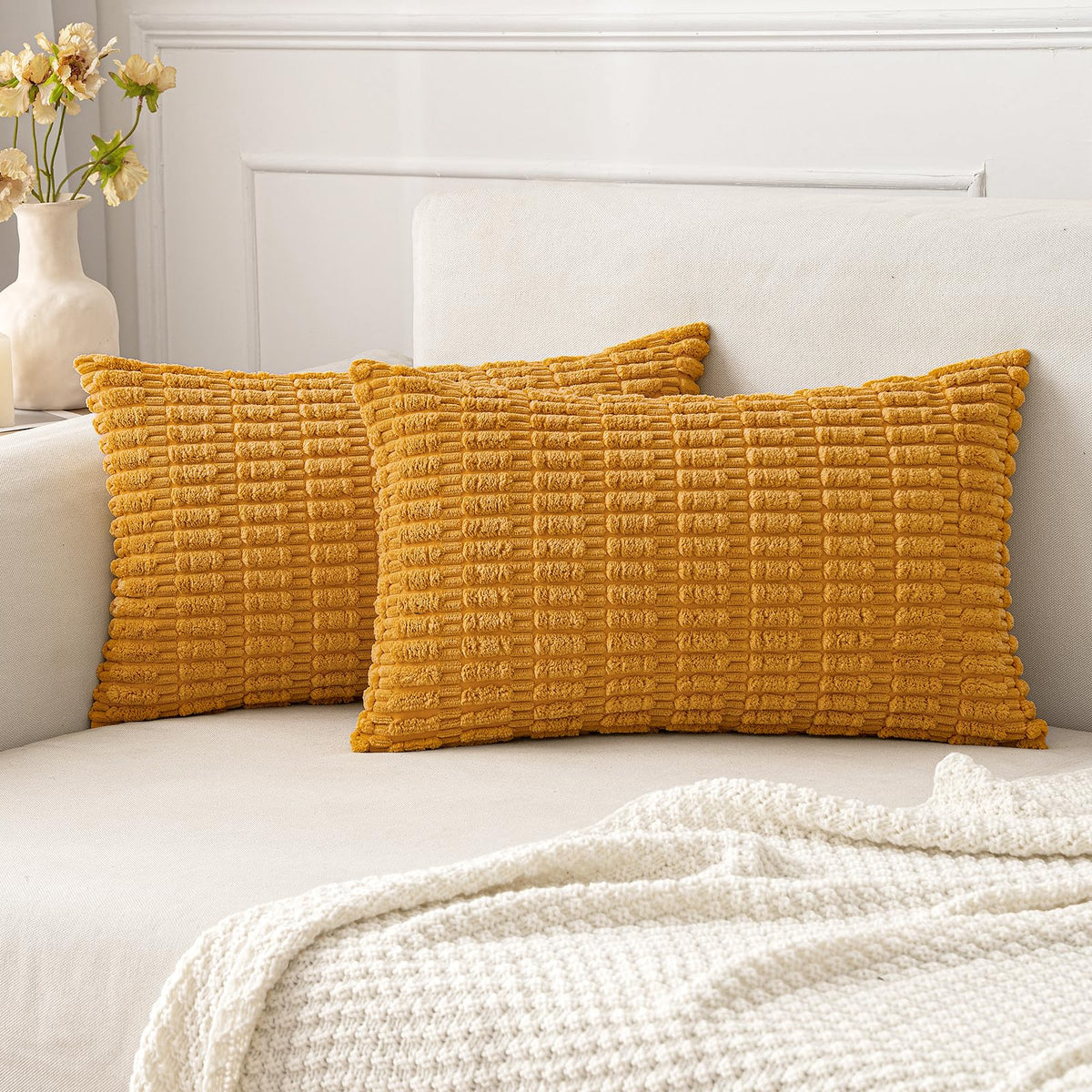 Miulee Pack Of 2 Corduroy Decorative Throw Pillow Covers 12X20 Inch Soft Boho Striped Pillow Covers Modern Farmhouse Fall Home D