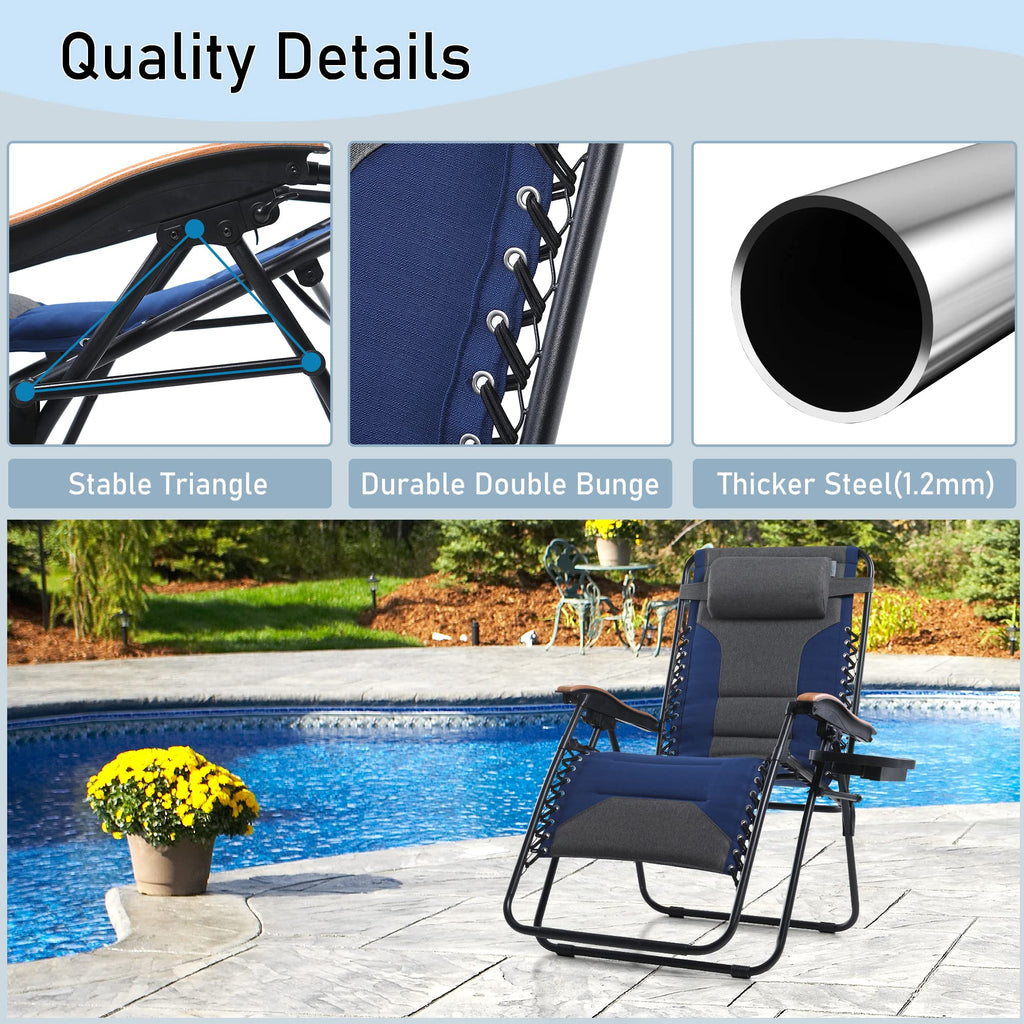 Phi Villa Xxl Oversized Padded Zero Gravity Chair, Foldable Patio Recliner, 30' Wide Seat Anti Gravity Lounger With Cup Holder, Set Of 2, Support 400 Lbs (Thumb Blue)