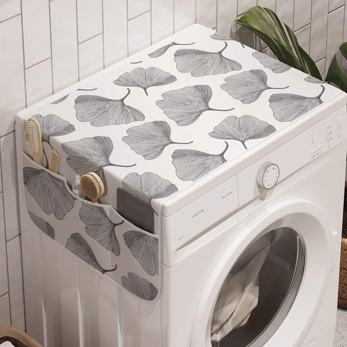 Ambesonne Gingko Washing Machine Organizer, Minimalist Style Nature Leafage Simplistic Growth Herbs Print, Anti-Slip Fabric Cove