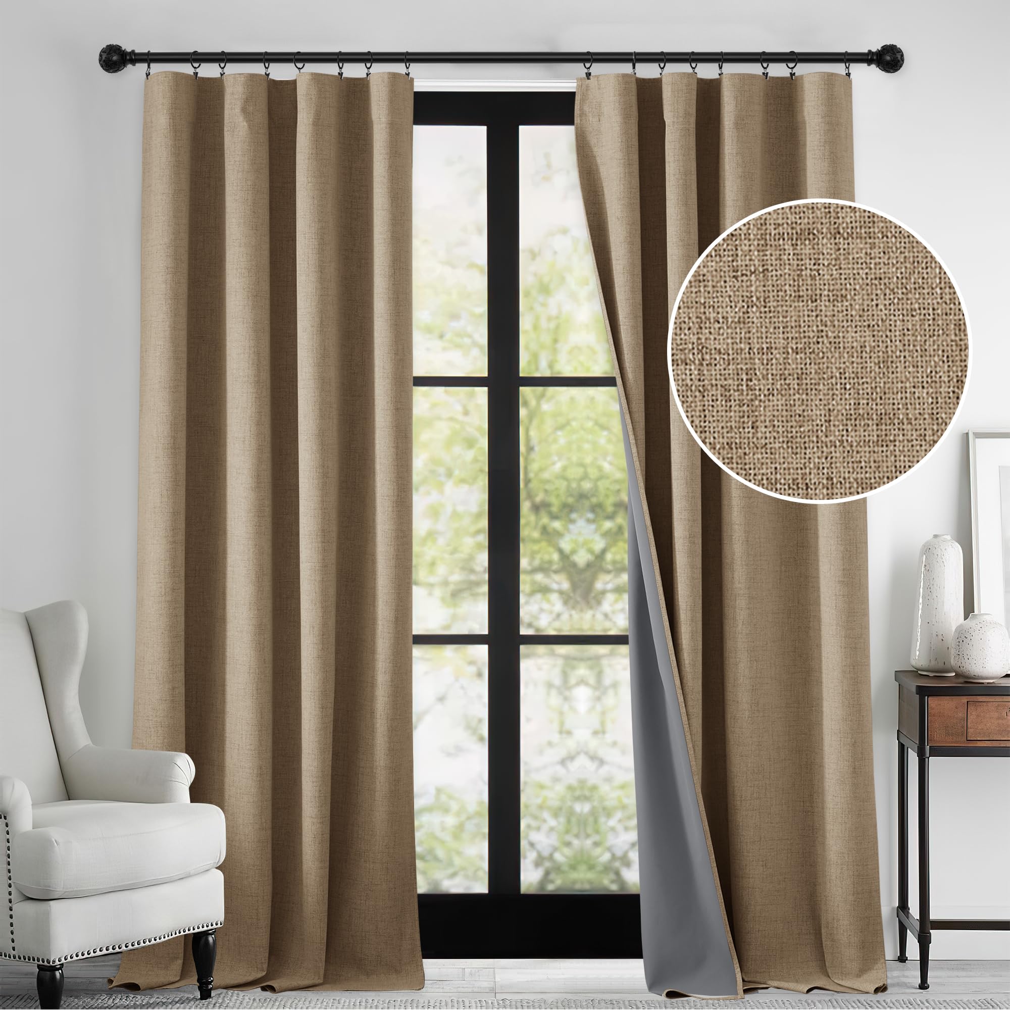 RYB HOME Linen Textured 100% Blackout Curtains for Bedroom, Insulating Energy Saving Window Curtains for Living Room Dining Pati