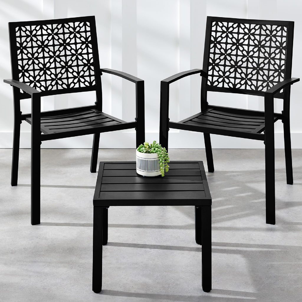Best Choice Products 3-Piece Outdoor Bistro Set, Stackable Modern Steel Furniture For Porch, Garden W/ 2 Chairs, Table, Geometric Decor - Black