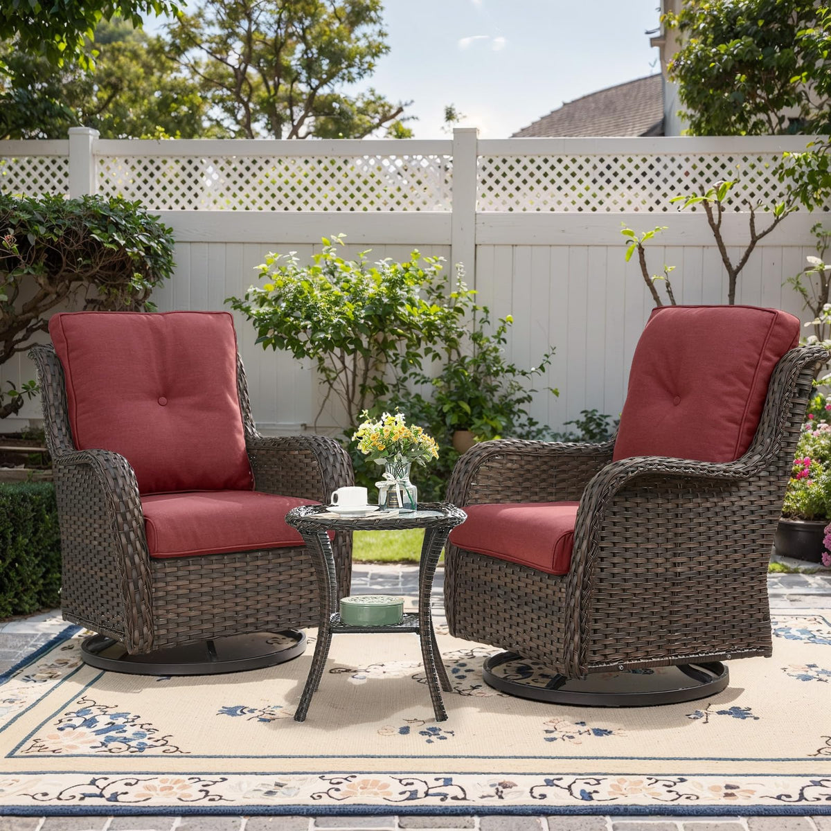 Belord Outdoor Swivel Rocker Patio Chairs - 3 Piece Outdoor Bistro Set Wicker Patio Rocking Chairs Set Of 2 With Side Table, 360 Degree Swivel Glider Seating For Porch Balcony Deck Brown/Red