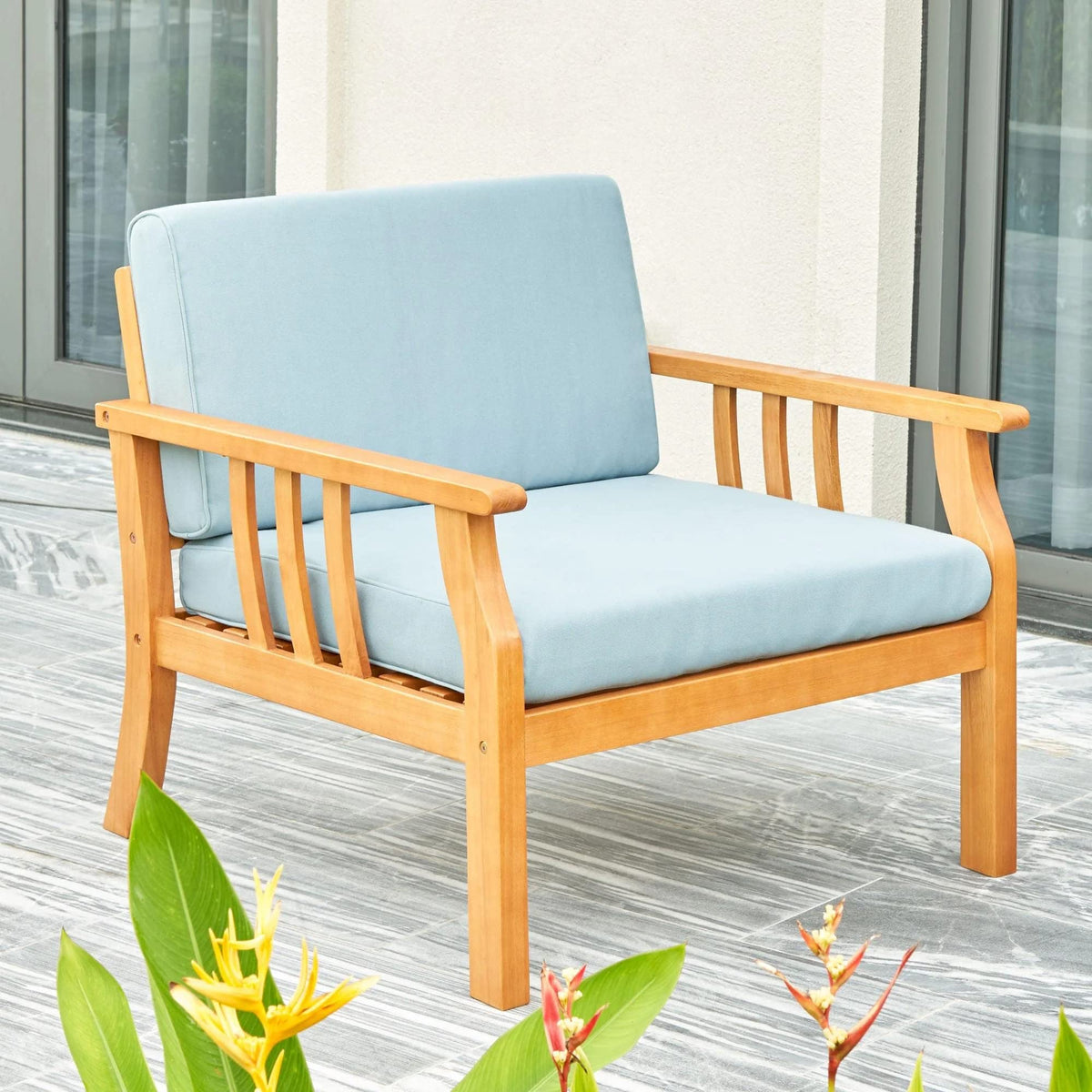 VIFAH V1955 Kapalua Honey Nautical Curve Eucalyptus Wooden Outdoor Sofa Chair with Cushion