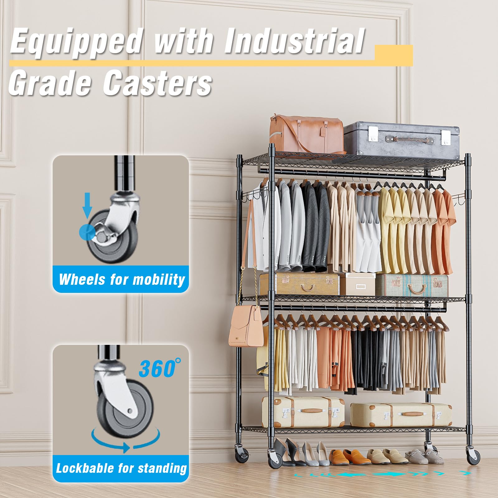 Homdox 3 Tier Heavy Duty Garment Rack With Wheels, Adjustable Wire Clothes Rack With Double Hanging Rods, Portable Closets For H