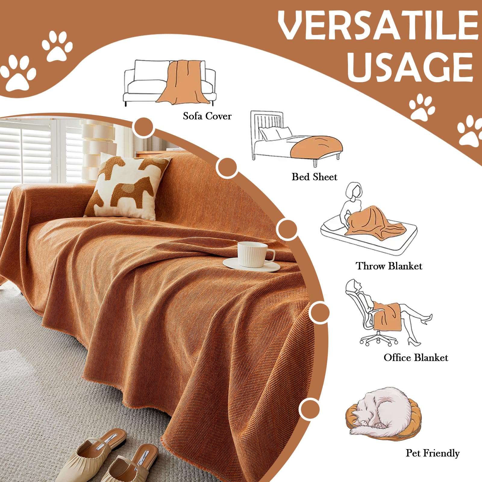 Handontime Dark Orange Sofa Covers Couch Cover For Dogs Colorful Tassel Sofa Seat Cover Lovetseat Cover Pet Couch Cover Bohemian Sofa Cover For Couch Vintage Boho Couch Covers Futon Cover, 91' X150'