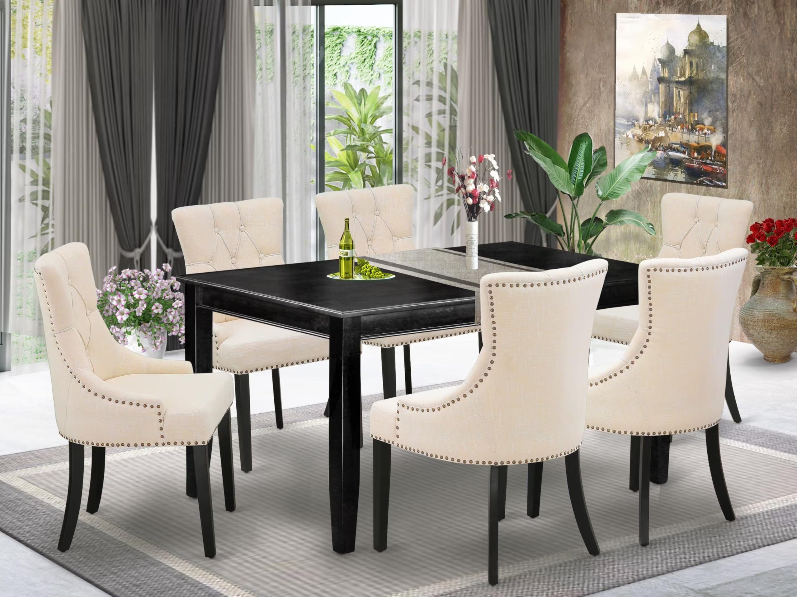 East West Furniture Dufr7-Blk-02 7 Piece Dining Room Table Set Consist Of A Rectangle Wooden Table And 6 Light Beige Linen Fabric Upholstered Parson Chairs, 36X60 Inch, Black
