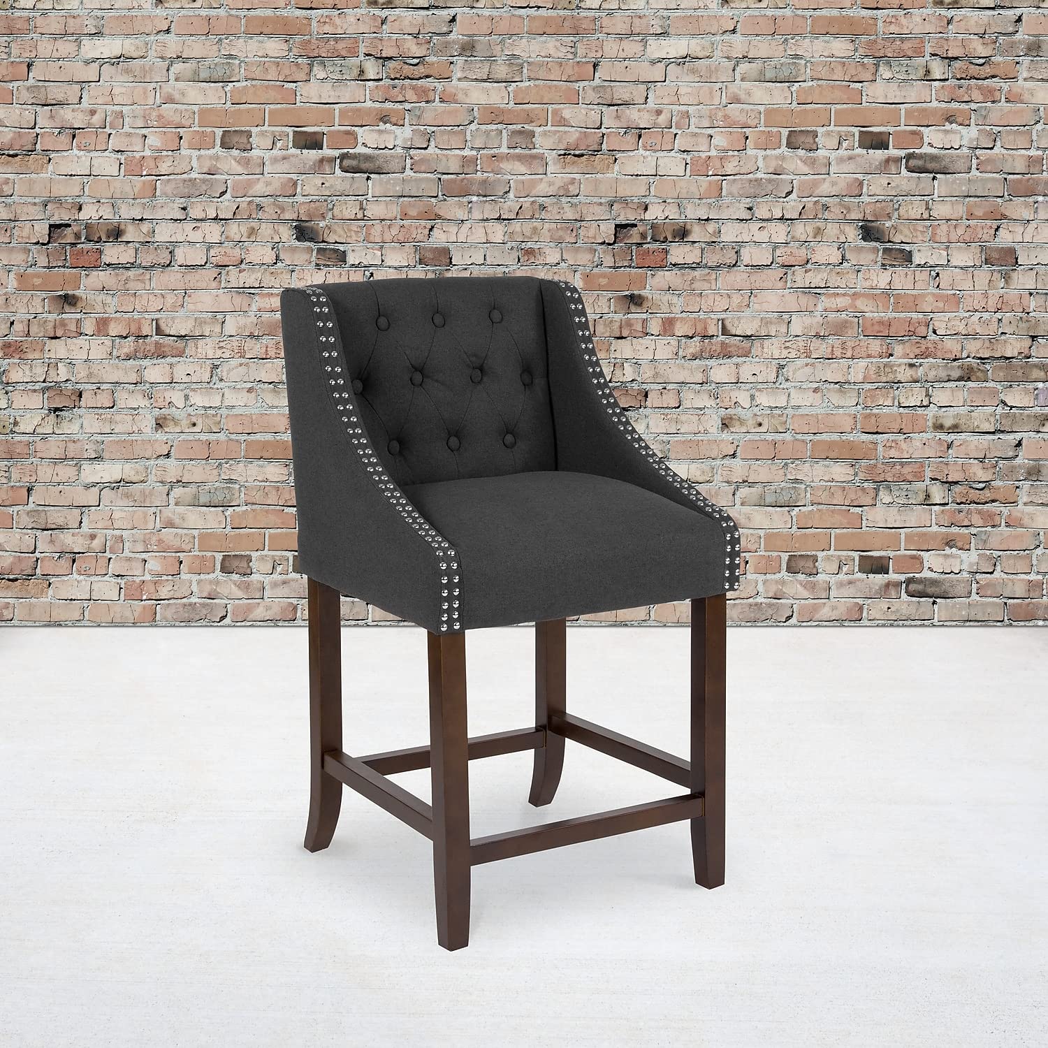 Flash Furniture Carmel Series 24' High Transitional Tufted Walnut Counter Height Stool With Accent Nail Trim In Charcoal Fabric