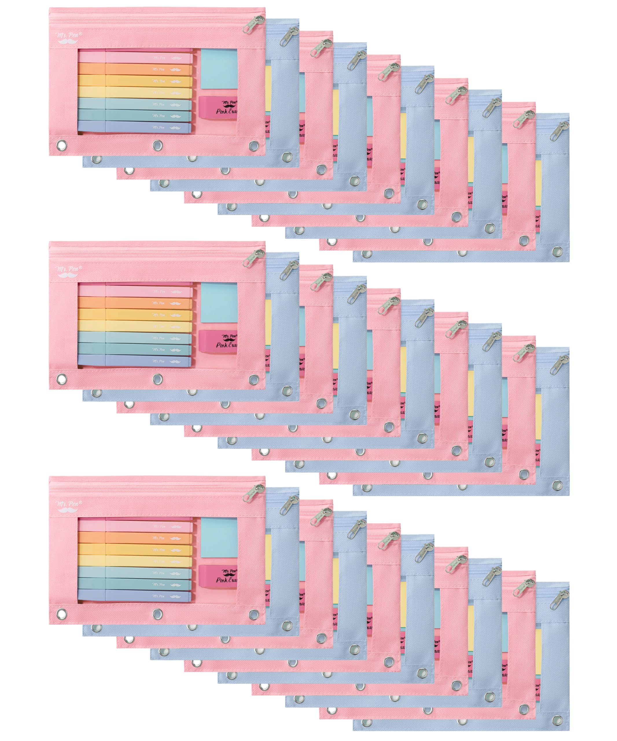 Mr. Pen- Pencil Pouches, 30Pcs, Pink & Blue, Zipper Pencil Pouch For 3 Ring Binder