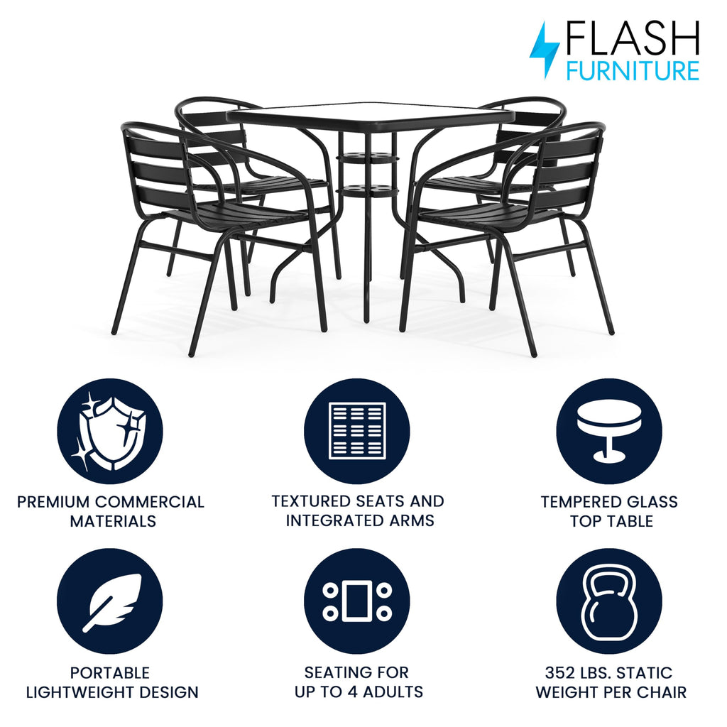 Flash Furniture 5-Piece Patio Dining Set with 31.5" Square Glass Metal Table and 4 Stackable Slat Back Chairs, Indoor/Outdoor Bistro Set, Black