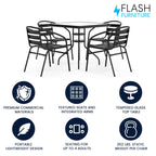 Flash Furniture 5-Piece Patio Dining Set with 31.5" Square Glass Metal Table and 4 Stackable Slat Back Chairs, Indoor/Outdoor Bistro Set, Black