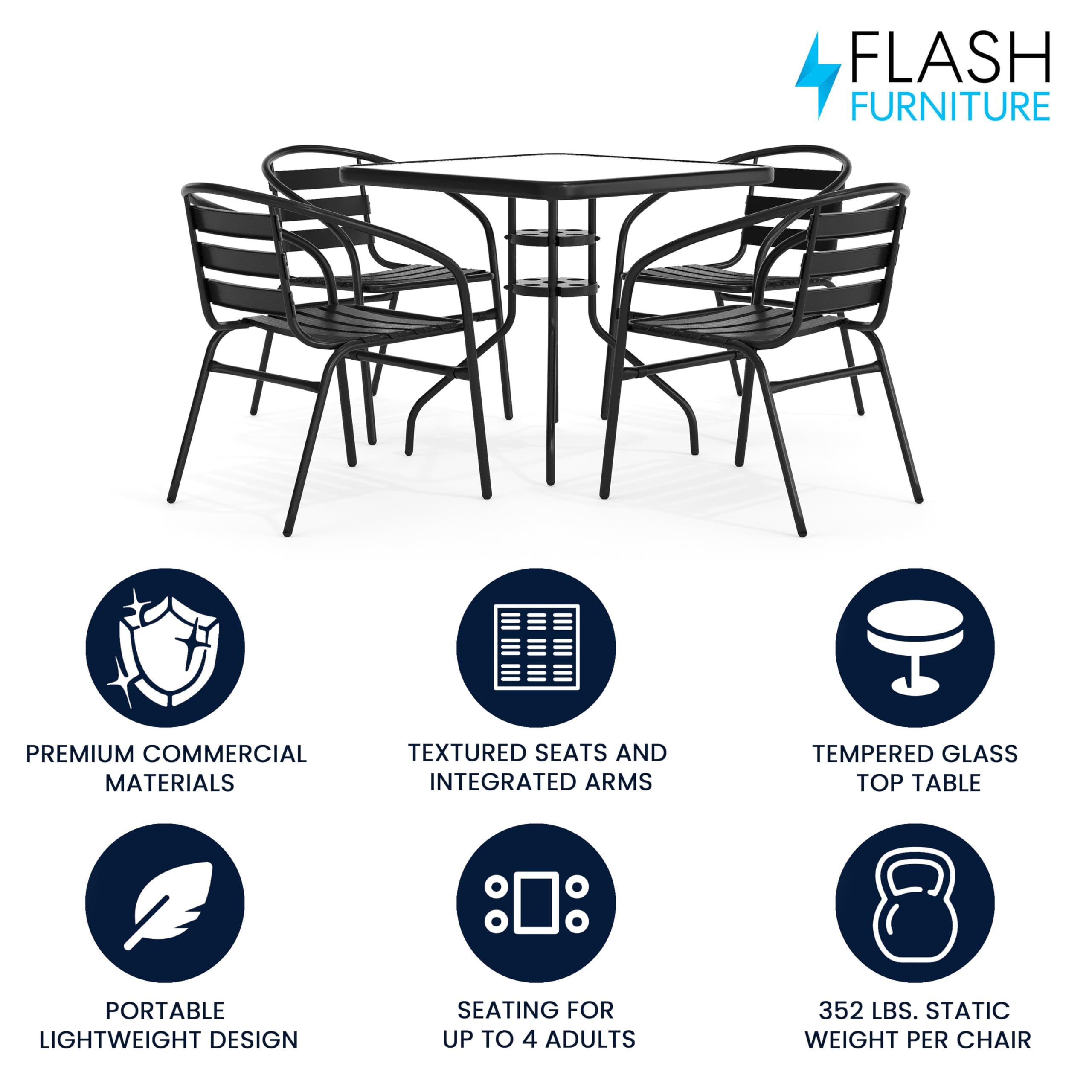 Flash Furniture 5-Piece Patio Dining Set with 31.5" Square Glass Metal Table and 4 Stackable Slat Back Chairs, Indoor/Outdoor Bistro Set, Black