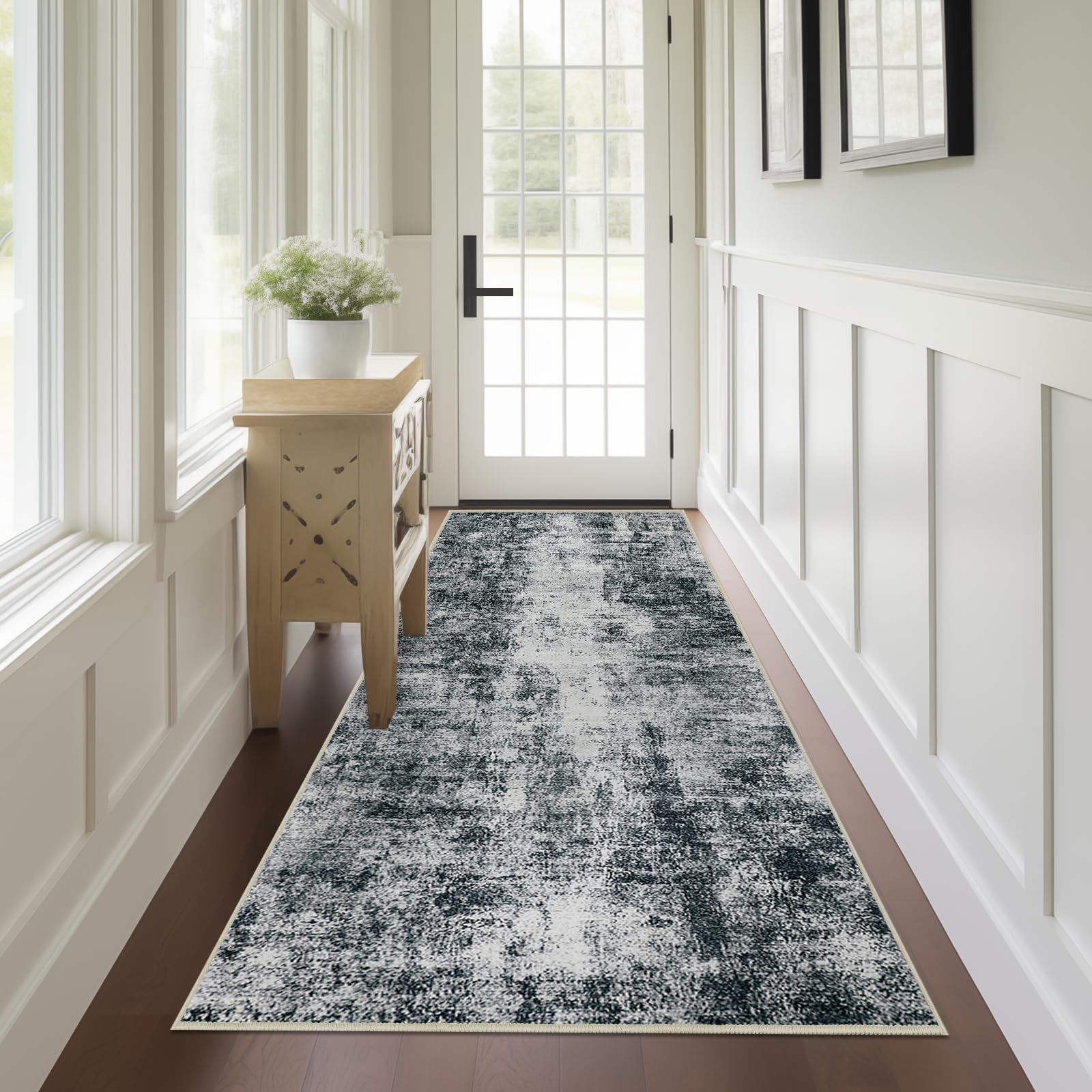 Capslpad Abstract Washable Runner Rug, 2x6 Black Non-Slip Hallway Runner Rug, Modern Low Pile Kitchen Runner Rug, Ultra Soft Pri