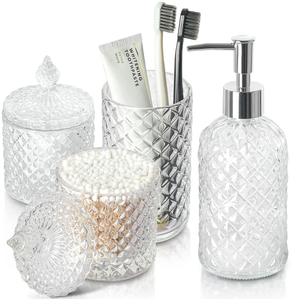 RYTOXILO Bathroom Accessories Set, 4 Pack Clear Glass Bath Accessory Sets Complete, Diamond Soap Dispenser and Toothbrush Holder