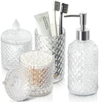 RYTOXILO Bathroom Accessories Set, 4 Pack Clear Glass Bath Accessory Sets Complete, Diamond Soap Dispenser and Toothbrush Holder