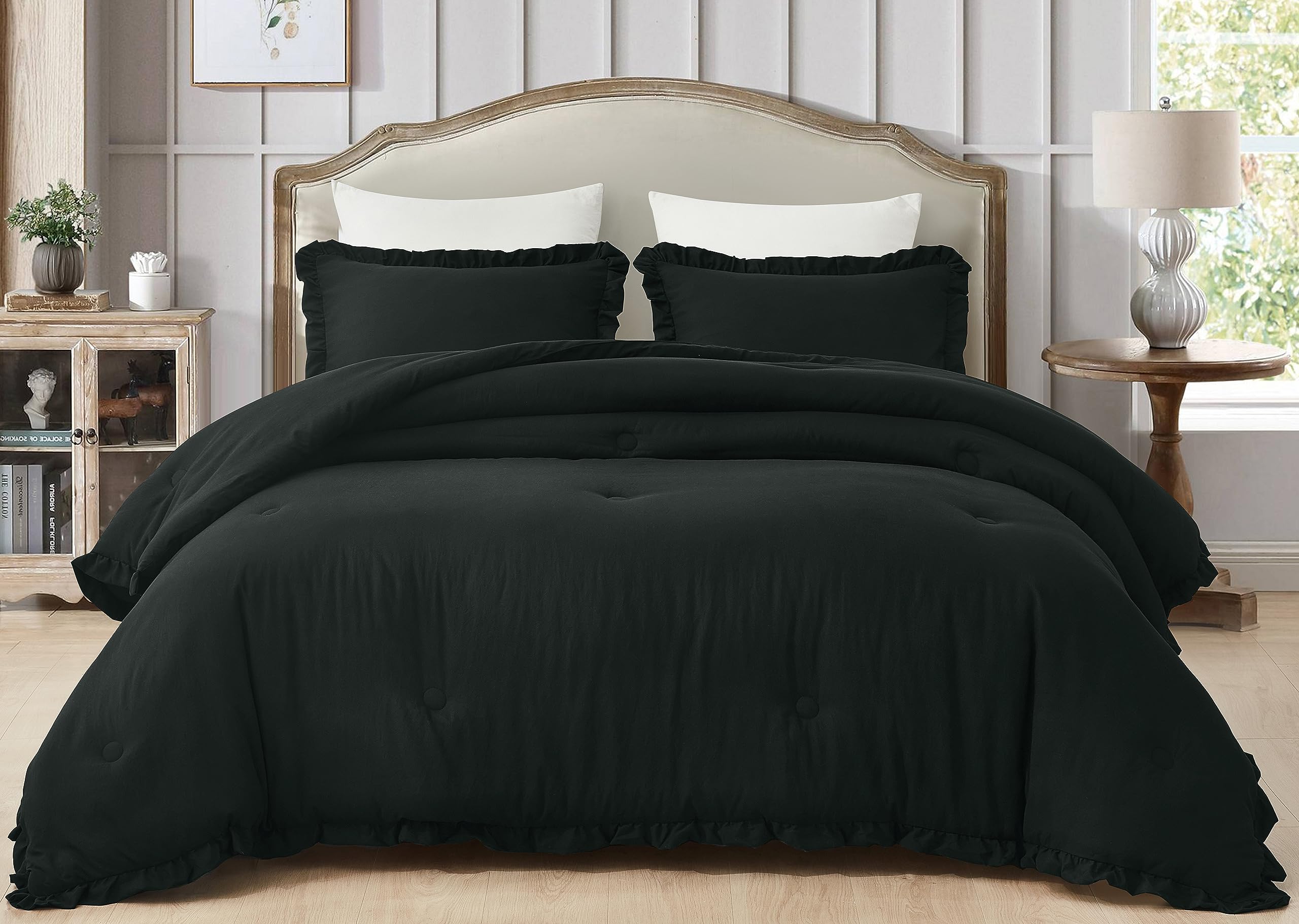Chezmoi Collection Nora Black Comforter Set Full Size 3-Piece Fluffy Soft Lightweight Bedding Ruffled Edge Trim Stone-Washed Mic