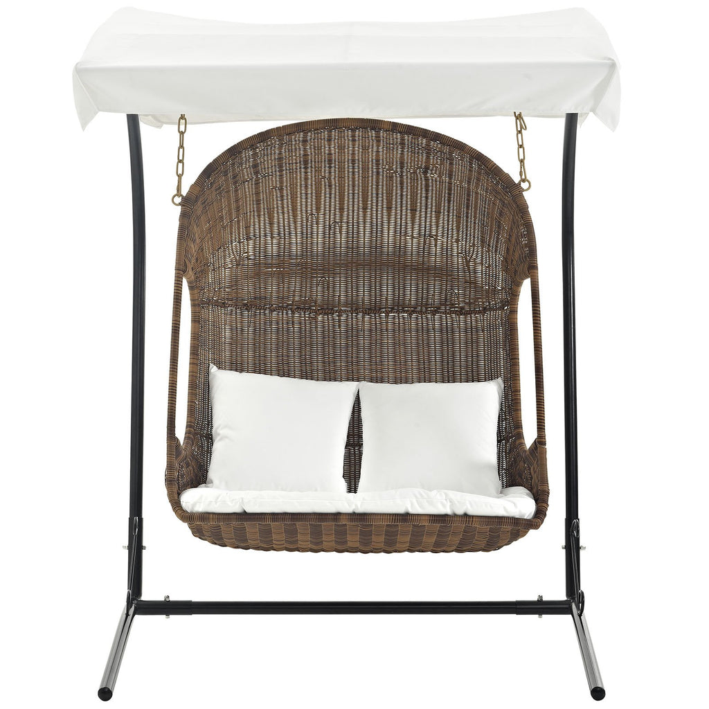 Modway Vantage Wicker Rattan Outdoor Patio Swing Chair with Canopy in Brown White