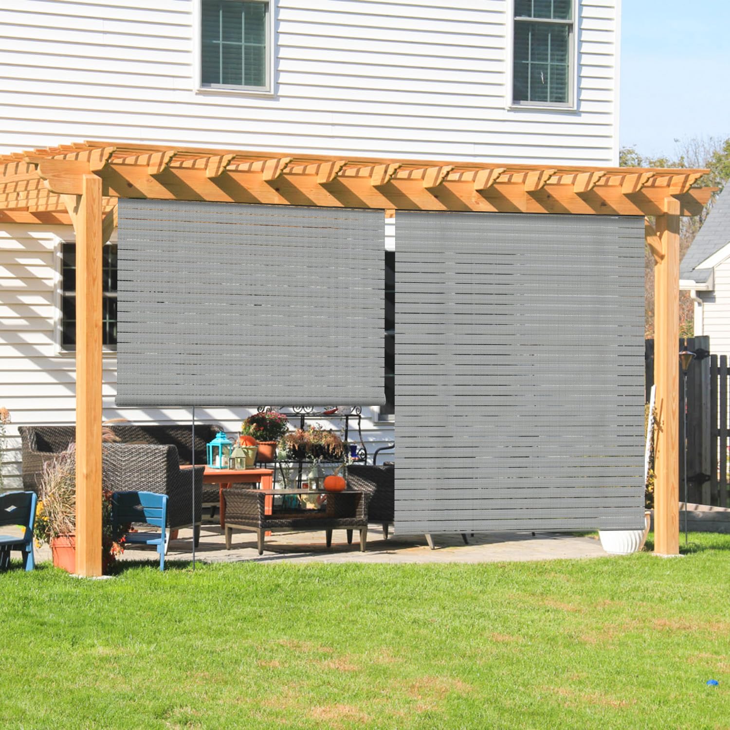 Coarbor Outdoor Roll Up Shades Blinds For Pergola Porch Balcony Deck Roller Shade Screen 5'W X 15'L Hollow Out Light Grey