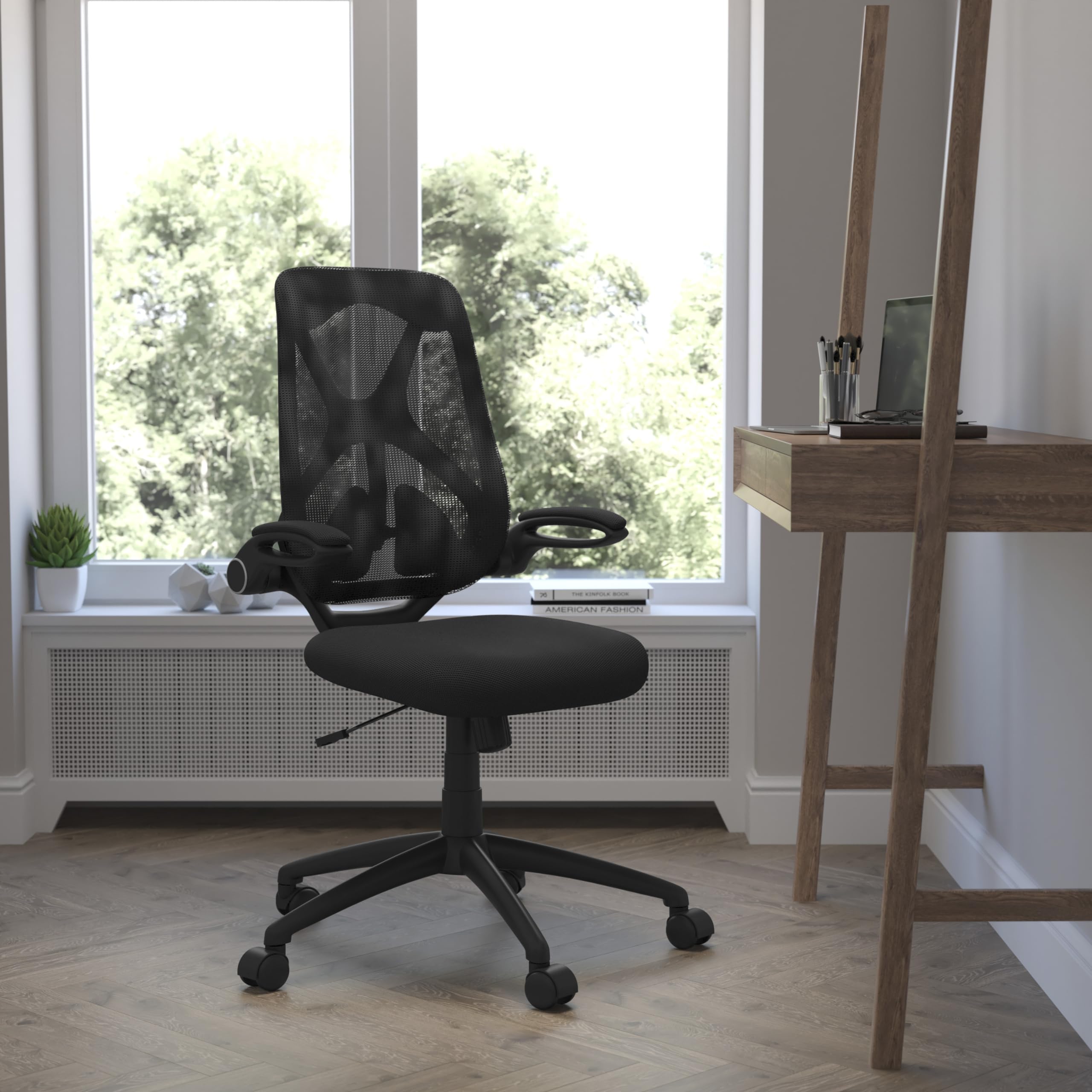 Flash Furniture Kimble High Back Black Mesh Executive Swivel Ergonomic Office Chair with Adjustable Lumbar, 2-Paddle Control and Flip-Up Arms